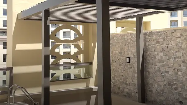 Pergola shading structure over an outdoor terrace