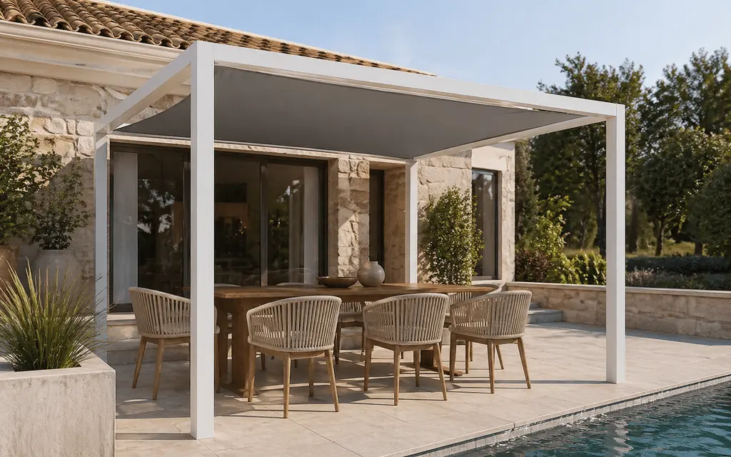 Sama fixed fabric pergola over a villa dining terrace