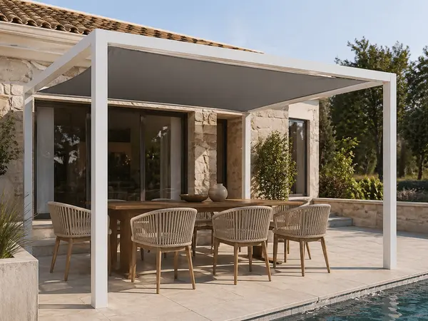 Sama fixed fabric pergola over a villa dining terrace