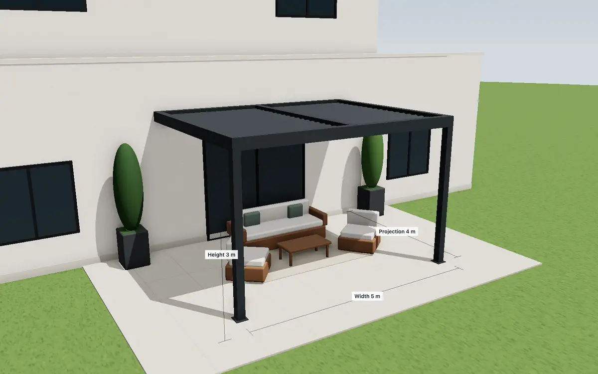 3D view of an anthracite Sierra pergola wall-mounted over a villa terrace