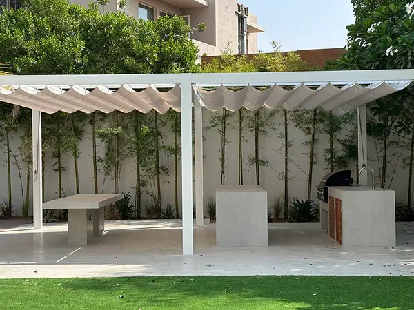 Wave shade retractable canopy pergola