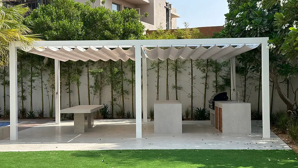 Wave shade retractable canopy pergola
